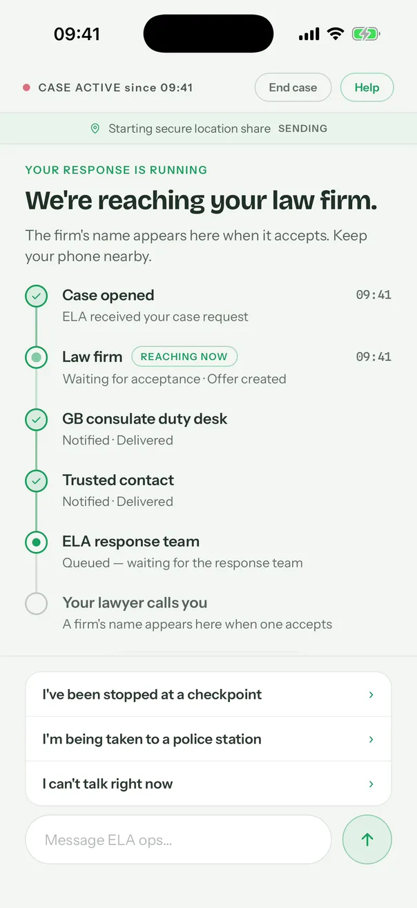 The live case screen: Your response is running, We’re reaching your law firm, then Case opened, Law firm reaching now, consulate duty desk notified, trusted contact notified, ELA response team queued