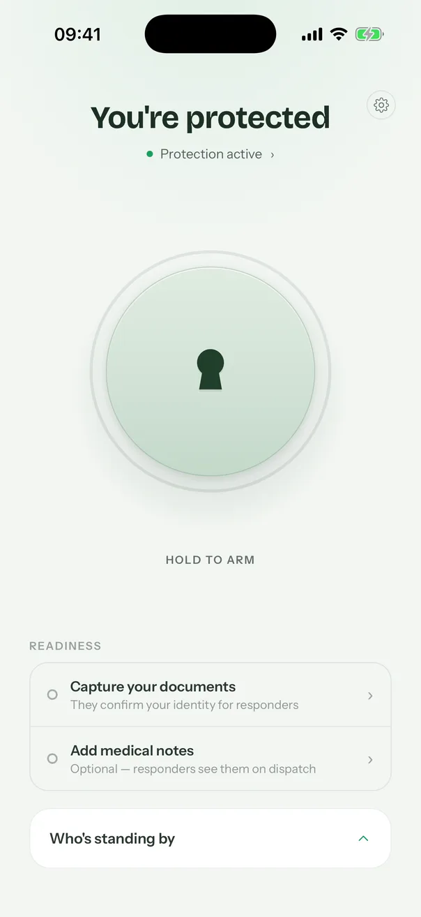 The ELA home screen: You’re protected, Protection active, and the disc marked Hold to arm