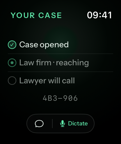 Apple Watch, Your case: Case opened, Law firm reaching, Lawyer will call, and the case reference